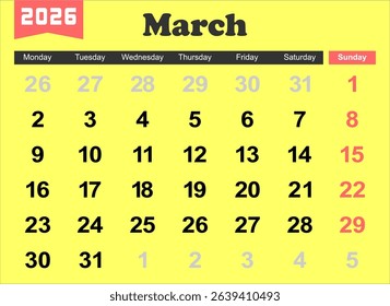 2026 year calendar. month, The week start on monday. EPS file vector.