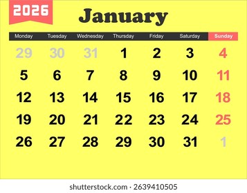 2026 year calendar. month, The week start on monday. EPS file vector.