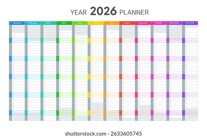 Calendário de 2026 anos, planejador para o trabalho e a educação. Planejador em branco para agenda diária e mensal. Modelo de cronograma para 2026 ano com grade em cores cinza e arco-íris, ilustração vetorial
