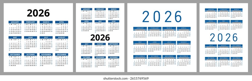 2026 year calendar set. Color vector pocket calender design. Week starts on Sunday. January, February, March, April, May, June, July, August, September, October, November, December