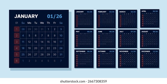 2026 Jahr Kalender Set Dunkelblaue Marine Zeitplan Monatliche Kalender Layout für 2026 Jahr. Terminplaner 