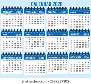 2026 Year Calendar Template – Flat Vector Illustration with Light Blue Background, Clean Minimalist Yearly Wall and Desk Calendar Design, All Months Layout, Week Starts on Sunday