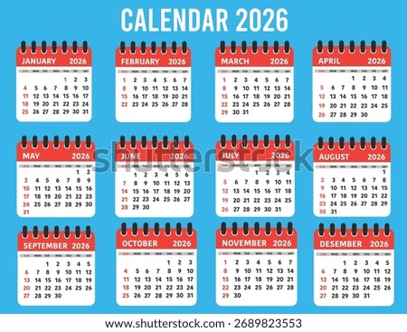 2026 Year Calendar Template – Flat Vector Illustration of All Months, Minimalist Wall and Desk Calendar Design, Clean Modern Layout, Week Starts on Sunday
