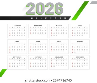 2026 ano calendário modelo semana começa a partir de segunda-feira vetor