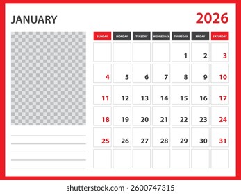 2026 year calendar vector design, January 2026 year, Desk calendar 2026, Week Starts on Sunday, Wall calendar design, poster,  planner design, stationery, printing media, red background concept