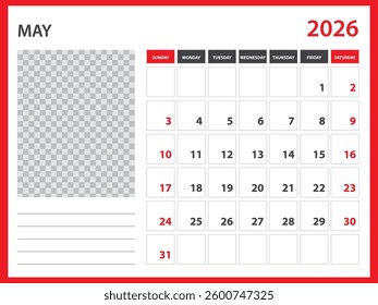 2026 year calendar vector design, May 2026 year, Desk calendar 2026, Week Starts on Sunday, Wall calendar design, poster,  planner design, stationery, printing media, red background concept