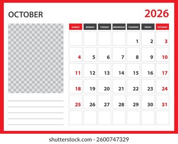 2026 year calendar vector design, October 2026 year, Desk calendar 2026, Week Starts on Sunday, Wall calendar design, poster,  planner design, stationery, printing media, red background concept