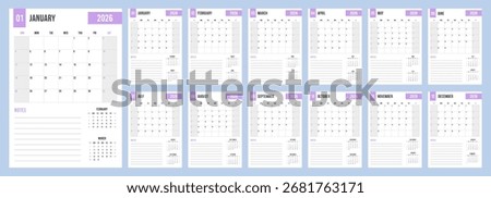 2026 year calendar vertical template pages set. Week starts on Sunday. Corporate and business planner diary. Set of 12 months of pages minimalist design. Vector