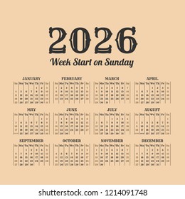 2026 year calendar in the vintage style on a beige background