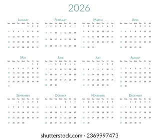 2026 year calendar. The week starts on Sunday. Desk planner template with 12 months. Yearly stationery diary. Vector illustration