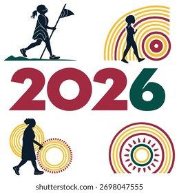 Coleção de gráficos vetoriais de celebração de 2026 anos apresentando povos indígenas e arte abstrata