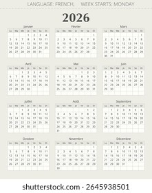calendário francês de 2026. Ilustração vetorial para a França. Français calendrier