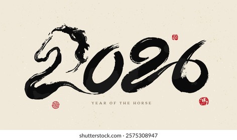 2026 year of the horse. chinese new year banner. chinese words stamp on the right means "horse". calligraphy, hand writing, script, brush, watercolor, ink. asia oriental traditional greeting card.