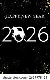2026 Year of the Horse Elegant Japanese New Year Card Template with White Horse, Black Background and Gold Splatter Design, Vector Illustration