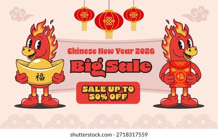 el Año del Caballo 2026 con dos personajes de caballos de dibujos animados rojos con melenas llameantes. Uno de los personajes tiene un símbolo de oro tradicional (lingote) y el otro tiene un sobre rojo (hongbao), ambos con el personaje "Fu" (prosperidad)