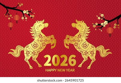 2026 Year of the Horse Horizontal Greeting Card with Horse, Plum Blossoms, and Lantern Motifs Horizontal