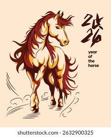 2026 Year of the Horse illustration in traditional Asian style, perfect for Lunar New Year designs, decorations, prints, and festive zodiac themes.