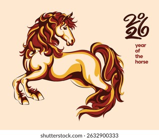 2026 Year of the Horse illustration in traditional Asian style, perfect for Lunar New Year designs, decorations, prints, and festive zodiac themes.