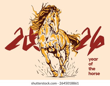 2026 Year of the Horse illustration in traditional Asian style, perfect for Lunar New Year designs, decorations, prints, and festive zodiac themes.
