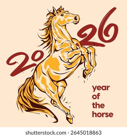 2026 Year of the Horse illustration in traditional Asian style, perfect for Lunar New Year designs, decorations, prints, and festive zodiac themes.