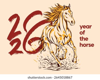 2026 Year of the Horse illustration in traditional Asian style, perfect for Lunar New Year designs, decorations, prints, and festive zodiac themes.