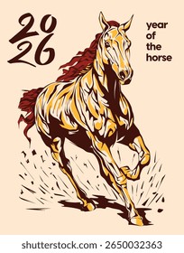 2026 Year of the Horse illustration in traditional Asian style, perfect for Lunar New Year designs, decorations, prints, and festive zodiac themes.