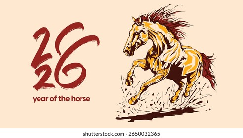 2026 Year of the Horse illustration in traditional Asian style, perfect for Lunar New Year designs, decorations, prints, and festive zodiac themes.