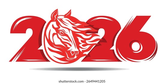 2026 Ano do design do logotipo do Cavalo. Ano novo chinês 2025. Cavalo de fogo vermelho, a cabeça do cavalo emoldurada por uma juba que parece línguas de chama. Vetor no plano de fundo transparente