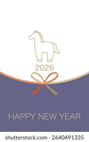2026, The Year Of The Horse, New Year’s Greeting Card Template With A Cute Horse Drawing And A Mizuhiki - Decorative Japanese Cord Made From Twisted Paper. Vector Flat Illustration. 
