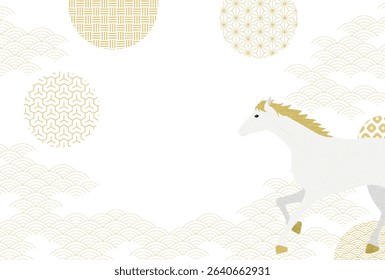 2026 Year of the horse New Year greeting card with white horse and Japanese pattern background, Vector Illustration