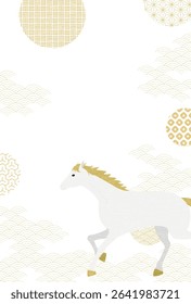 2026 Year of the horse New Year greeting card with white horse and Japanese pattern background, Vector Illustration