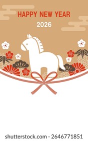 2026, The Year Of The Horse, New Year’s Greeting Card Template With A Cute Horse Drawing And A Mizuhiki - Decorative Japanese Cord Made From Twisted Paper. Vector Flat Illustration. 