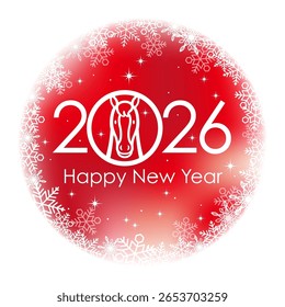 2026, O Ano Do Cavalo, Símbolo De Saudação Redonda Vermelha Com Flocos De Neve Celebrando O Ano Novo. Ilustração De Vetor Isolada Em Um Fundo Branco. 