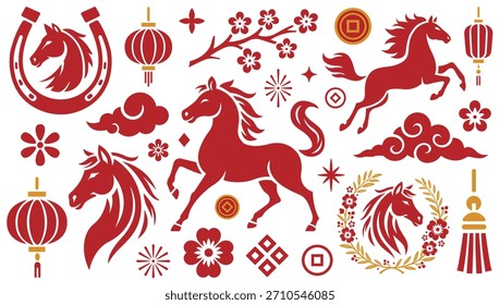 2026 Año de la Colección de Vector de Caballos – Año Nuevo Lunar Ilustración de Caballo del Zodiaco Chino y Conjunto de Clipart