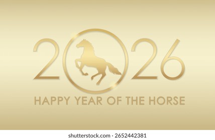 2026, O Ano Do Cavalo, Vetor Gold Symbol Logo Em Champagne Fundo De Ouro.