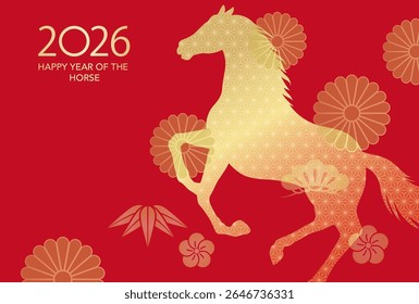 2026, Year Of The Horse, Vector New Year’s Greeting Card Template With A Prancing Horse Silhouette And Text Space On A Bright Red Background. 
