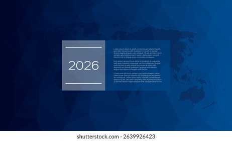 2026 year infographic with World Map, sample text. Blue gradient triangle pattern. Vector background for web design, page, template, global business, presentation, report