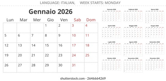 2026 calendário italiano planejador. Páginas em papel de 12 meses. Ilustração vetorial para Itália - calendario