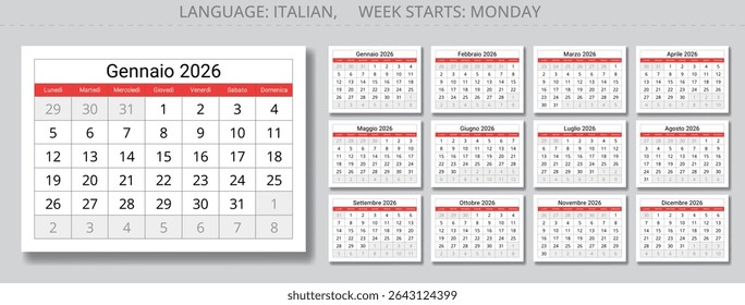 Calendários italianos de 2026 anos. Páginas em papel de 12 meses. Ilustração vetorial para Itália - calendario
