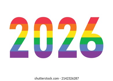 2026 year logo in rainbow LGBTQ flag colors isolated on white. Vector symbol of LGBTQ gay pride month, history month.