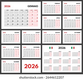 2026 year monthly office planner, calendar starts monday, two red weekends, white background, italian months name