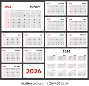 2026 year monthly office planner, calendar starts sunday, red weekends, white background