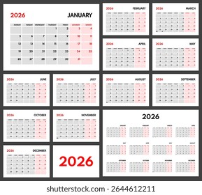 2026 year monthly office planner, calendar starts monday, two red weekends, white background