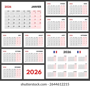 2026 year monthly office planner, calendar starts monday, two red weekends, white background, french months name