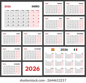 2026 year monthly office planner, calendar starts monday, two red weekends, white background, spanish months name