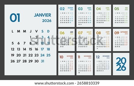 2026 year monthly office planner, calendar starts monday, two colorful weekends, white background, french months name