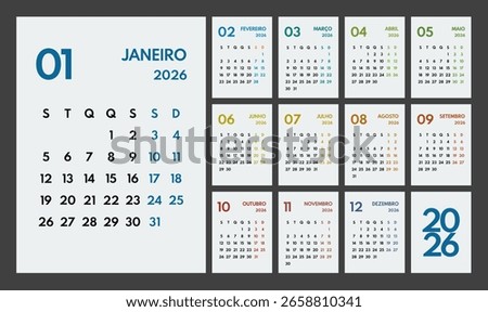 2026 year monthly office planner, calendar starts monday, two colorful weekends, white background, portuguese months name