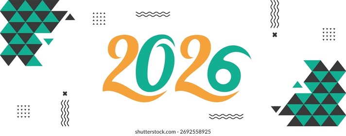 2026 year number design template in abstract geometric style. Happy New Year 2026 banner, card, cover, poster. Flat vector illustration.