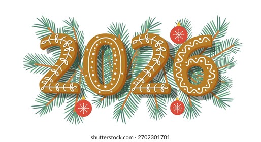 2026 año números hechos de galletas de jengibre, Vector en ramas de árboles de Navidad
