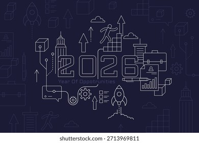 2026 año de oportunidades Vector de línea delgada. Concepto de negocio en estilo lineal. Tarjeta postal de Feliz Año Nuevo. Metáfora de carrera y crecimiento personal